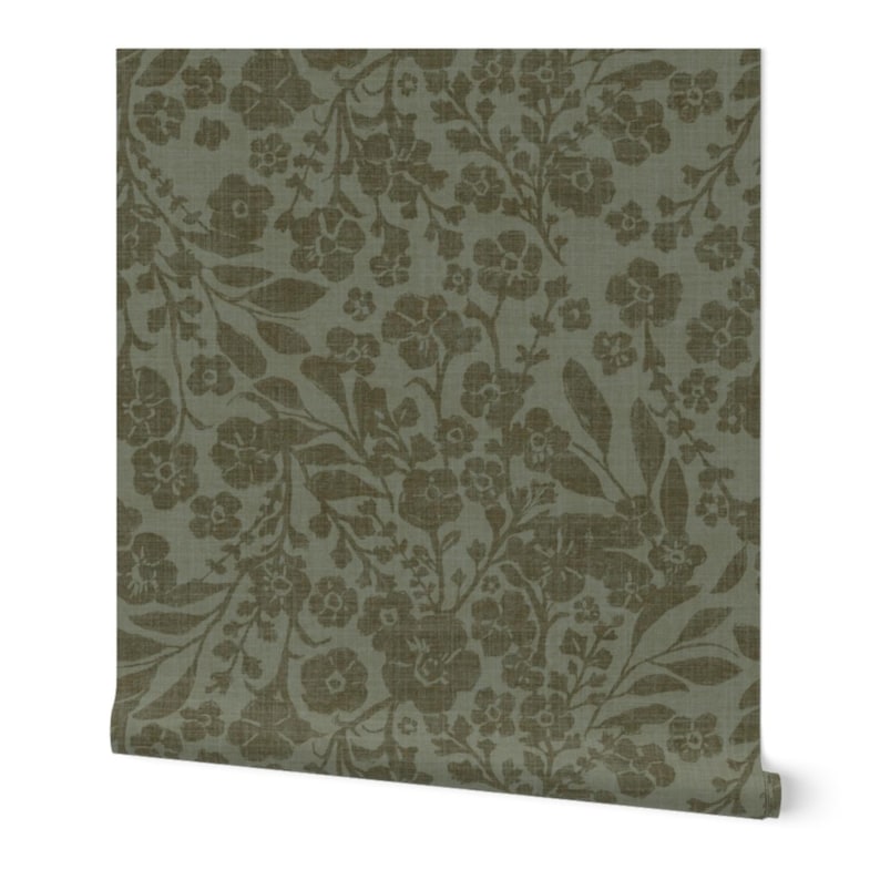 Olive green floral wallpaper with detailed, intricate flower and leaf patterns. The design feels vintage and elegant, evoking a natural, calming tone.