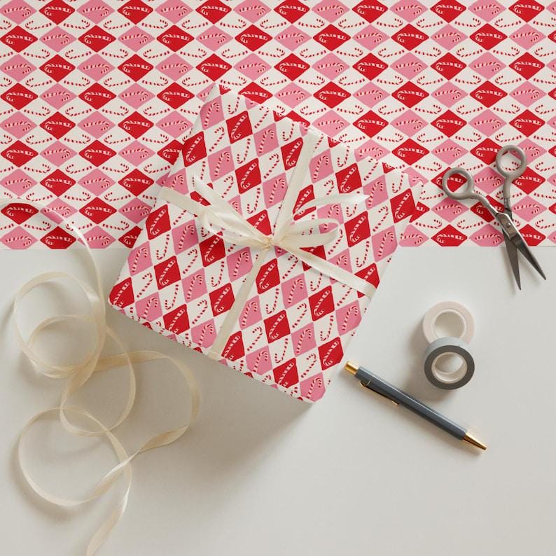 Retro Candy Cane Gift Wrap – Red & Pink Christmas Wrapping Paper Sheets ...