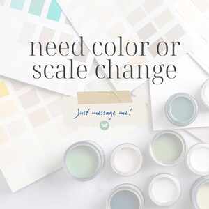 Pode incluir: Uma vista a&eacute;rea de amostras de cores de tinta e pequenas latas de tinta. O texto "need color or scale change" &eacute; exibido, juntamente com "Just message me!" e um gr&aacute;fico de borboleta. As latas de tinta cont&ecirc;m v&aacute;rios tons de verde, azul e branco.