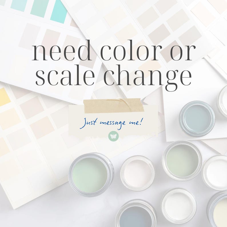 Pode incluir: Uma vista a&eacute;rea de amostras de cores de tinta e pequenas latas de tinta. O texto "need color or scale change" &eacute; exibido, juntamente com "Just message me!" e um gr&aacute;fico de borboleta. As latas de tinta cont&ecirc;m v&aacute;rios tons de verde, azul e branco.