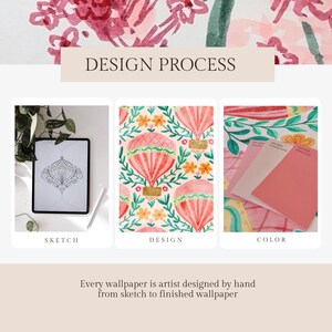 May include: Image illustrating the wallpaper design process. It shows a sketch, the design featuring pink hot air balloons, and a colour palette. The text reads "DESIGN PROCESS" and "Every wallpaper is artist designed by hand from sketch to finished wallpaper."