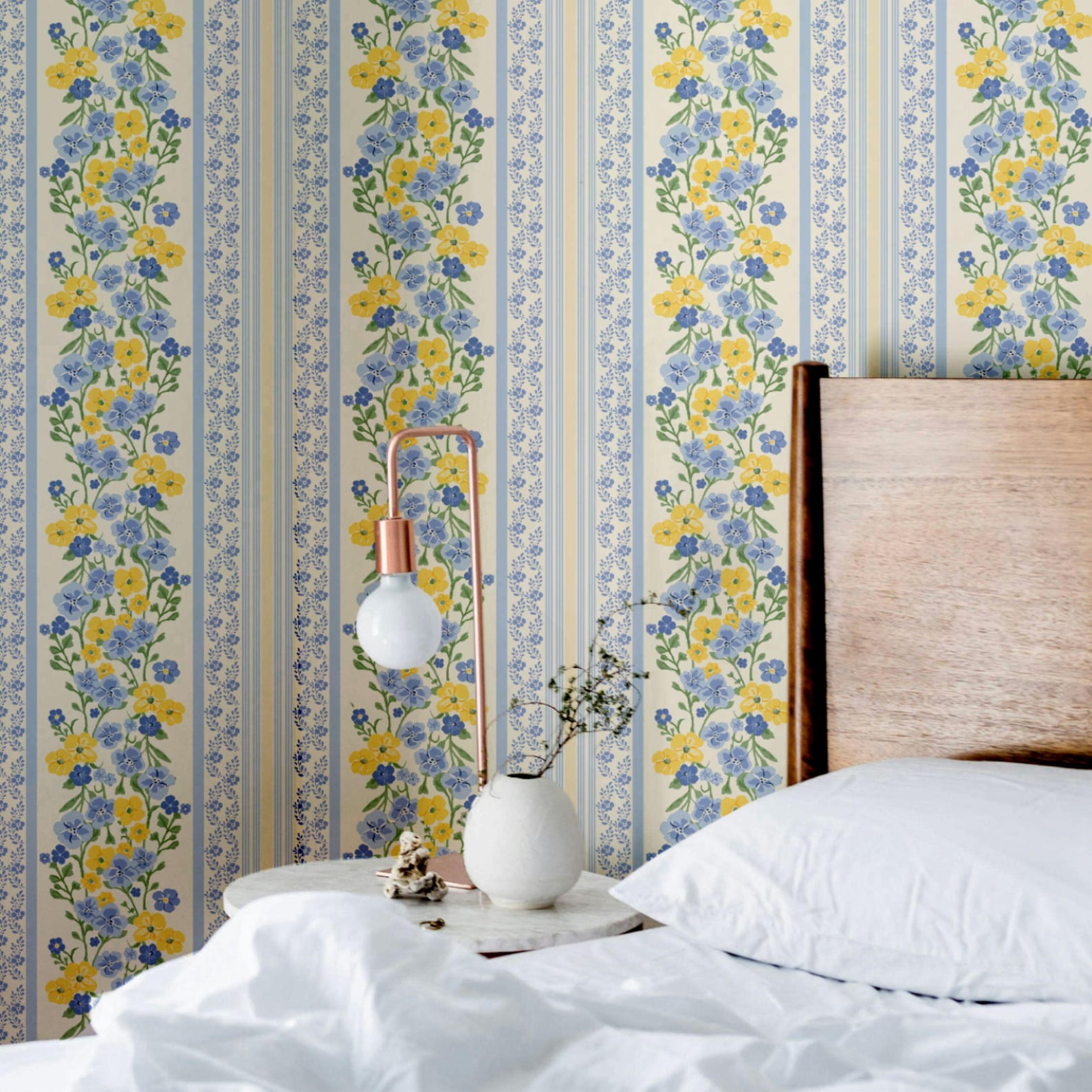 Close-up of the cottage floral wallpaper