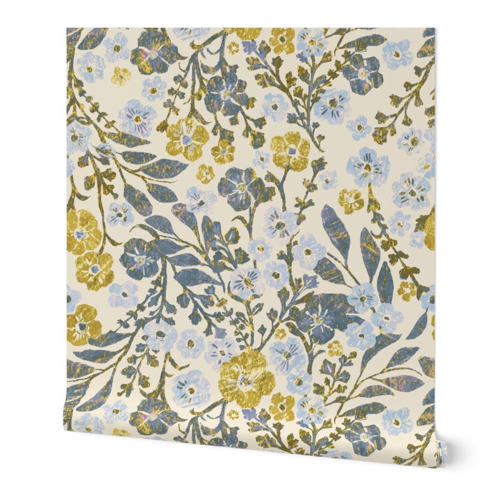 Victorian Floral Wallpaper, Blue & Gold Botanical Peel and Stick ...