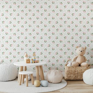 Pastel Pink and Green Nursery Wallpaper, Removable Pre-pasted or Peel and Stick Wallpaper Floral, Scallop Flowers Trellis, Cottagecore Decor