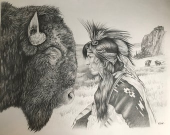 Buffalo and Indian graphite western art.  Hand-drawn graphite and pencil 18x24 with double matt in large custom framing final size 28x37.