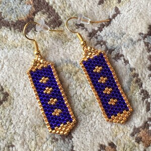 Peyote Earrings in Purple and Gold, Patterned Peyote Dangle Earrings, Long Beaded Earrings