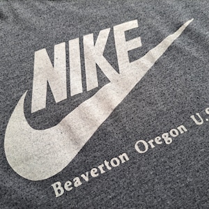 Vintage 1980&#39;s Nike Graphic Tshirt / Tee (worn out tag) Thick Collar / Grey Tri-blend