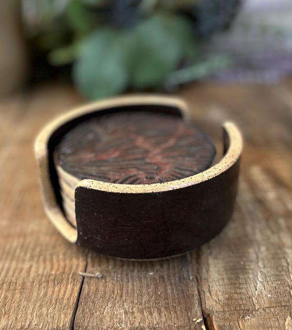 Ceramic Coaster Set with Ceramic Holder, 4 Coasters with Cork Bottom