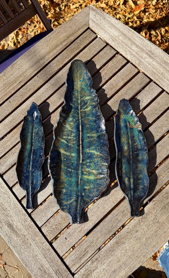 Handmade Ceramic Horseradish Leaf Platter Set of 3: Horseradish Imprint, Sushi, Appetizer,  Serving, Charcuterie