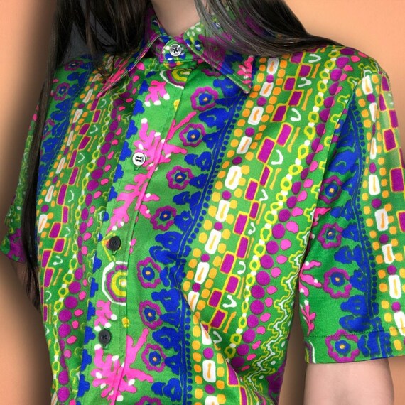 70s Vintage Rave Neon Abstract Button down Tee - image 2