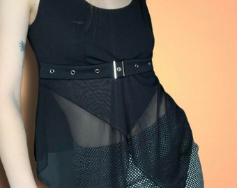 90s Vintage Rave Black Split Front Mesh Crop Tank