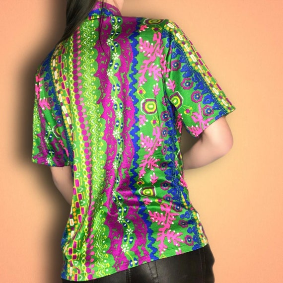 70s Vintage Rave Neon Abstract Button down Tee - image 4