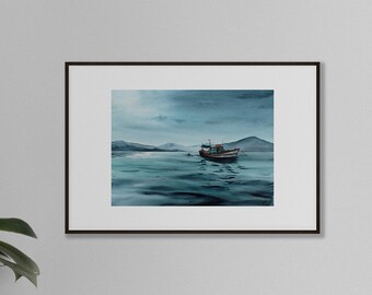 Fishing boat Watercolor painting / Original Seascape/ Coastal art/ Sea boat wall art/ Nautical interior art/ Water painting