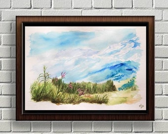 Original watercolor Mountains landscape /wall art mountains/ nature painting /snow mountains/ meadow painting