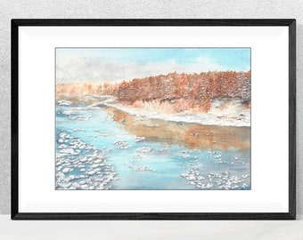 Winter watercolor landscape / original winter river painting / winter nature painting / winter wall art