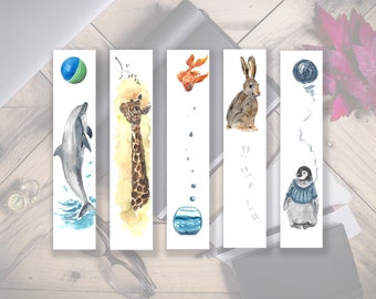 Unique watercolor printable bookmarks Animals set of 5 / book lover gift / book club teacher gift instant download / stocking stuffer