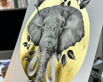 Elephant Illustration with Gold Leaf Circle, Giclee Print A4, A3, A2 - African Animal Art, Indian elephant, Wildlife, Real Gold, Realistic