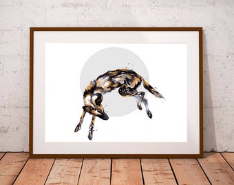African Wild Dog Print, Watercolor Animal Art