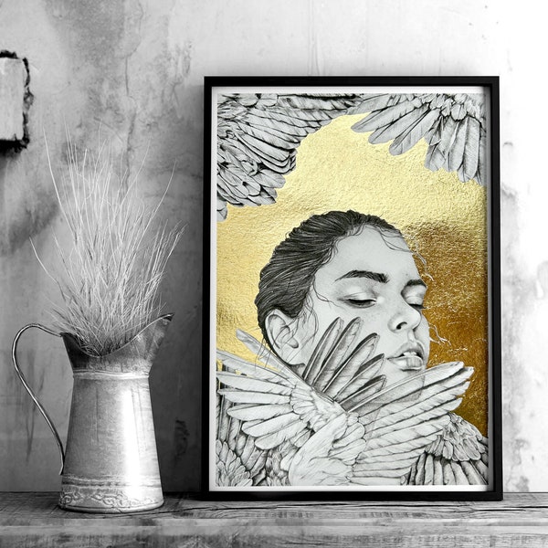 Gold Leaf Print, Feathers, Portrait Art, A4, A3 or A2, Giclee Fine Art Print