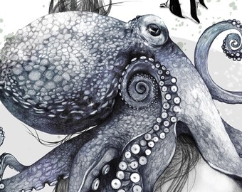 タコのジクレー版画、A4、A3、またはA2 - 水中壁アート、タコの