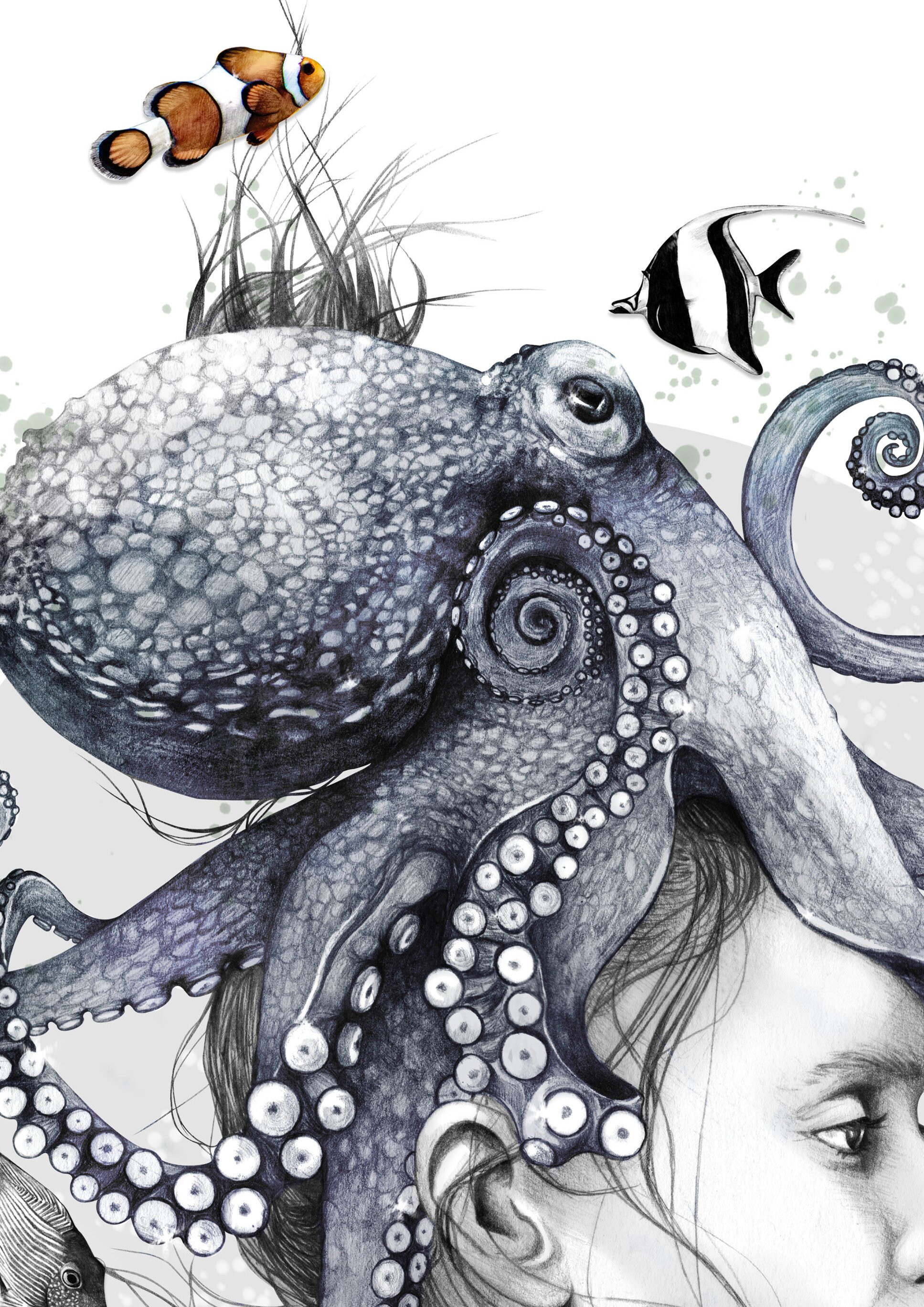 タコのジクレー版画、A4、A3、またはA2 - 水中壁アート、タコの