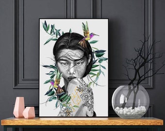 Hummingbird Print, A4, A3 or A2 Giclee Print - Nature inspired, Powerful Female Art, Beautiful Korean Woman