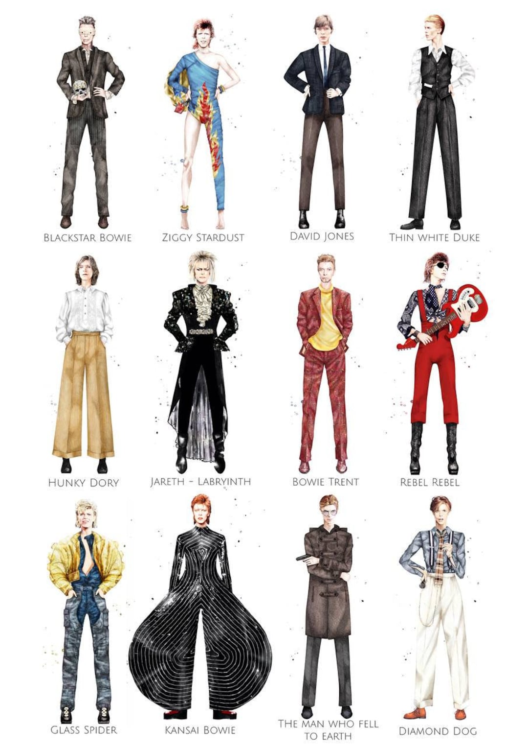 David Bowie Outfits, A3 or A2 Print Collection of 12 Illustrated Bowie  Fashion Moments With Titles -  Norway