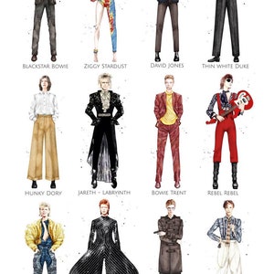 David Bowie Outfits, A3 or A2 Print - Collection of 12 Illustrated Bowie Fashion moments with titles