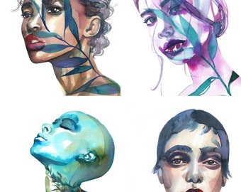 Expressive Watercolour Portraits, set of 4 Giclee Prints in A5 or A4