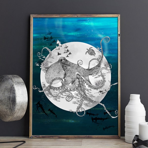 Blue Planet Fine Art Print, A4, A3 or A2 - Underwater Scene, Octopus