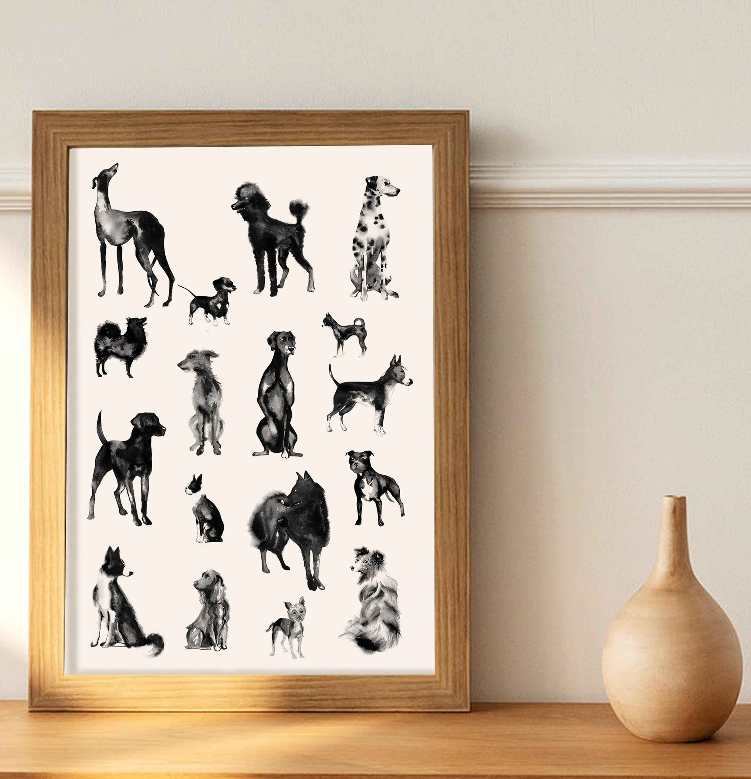 犬種イラストアートプリント - 黒インクジクレー版画（A3/A2） - Etsy 日本