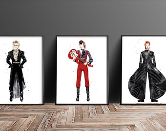 SET OF 3 - David Bowie outfits - A5/A4 - Bowie Fashion, Ziggy Stardust, Cat from Japan, Labyrinth