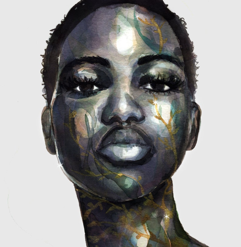 May include: A watercolor painting of a person's face with a dark skin tone. The face is painted with a pattern of gold and green branches. The person has dark eyes and lips.