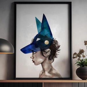 May include: A watercolor painting of a person wearing a blue and gold mask shaped like an animal head. The person is looking to the side and has short brown hair. The background is white.