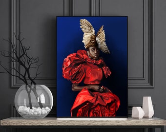 Impression « Rose » inspirée d'Alexander McQueen, A3 ou A2 - Illustration de mode, robe rouge, peinture numérique