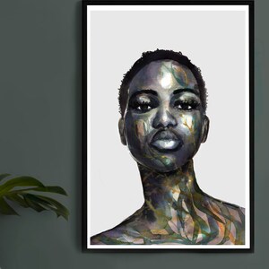 May include: A watercolor painting of a person's face and neck. The person has dark skin and short hair. The face is painted with a pattern of green and gold vines. The background is white.
