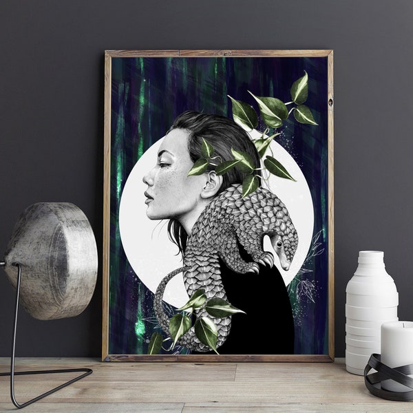 Pangolin Giclee Print, A4, A3 or A2. Jungle inspired wall art, Pangolin Illustration