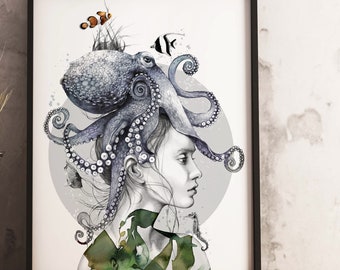 Octopus Vulgaris Giclee Print, A4, A3 or A2 - Underwater Wall Art, Octopus Illustration