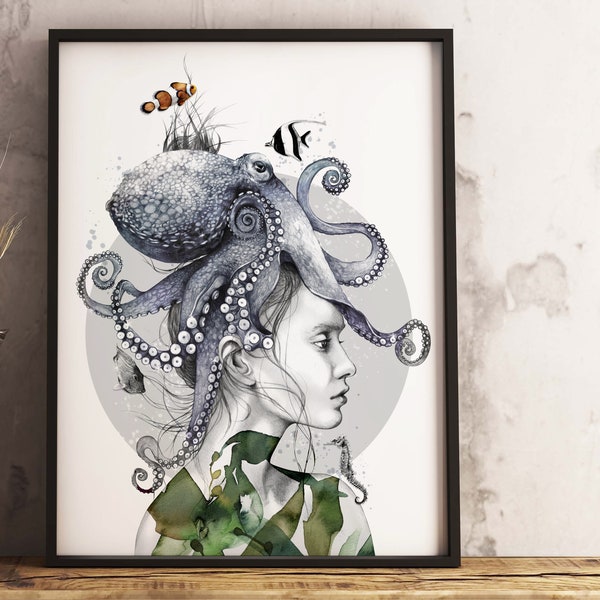 Octopus Vulgaris Giclee Print, A4, A3 or A2 - Underwater Wall Art, Octopus Illustration