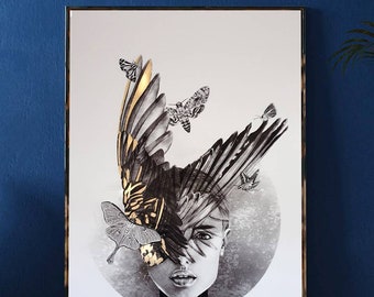 Gold Leaf Feather Print, Black and Grey Bird Wings Illustration, Limited Edition