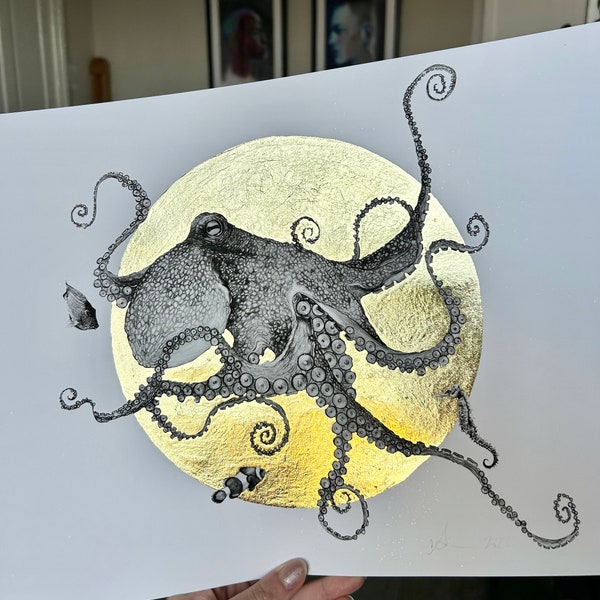 Octopus Print with Gold Leaf, Giclee Print, A4, A3, A2 - Bathroom Art, Underwater, Fish Wall Art, Squid, Cephalopod Illustration