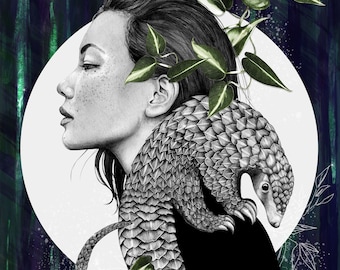 Impresión giclée de pangolín, tamaño A4, A3 o A2. Arte mural inspirado en la jungla, ilustración de pangolín.