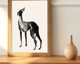 May include: A black and white watercolor painting of a greyhound dog standing on a white background. The dog is looking up and its tail is curled behind its legs.