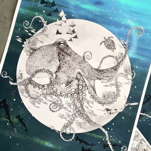 Blue Planet Fine Art Print, A4, A3 or A2 - Underwater Scene, Octopus