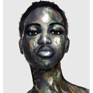 May include: A watercolor painting of a person's face with a dark skin tone. The face is covered in a pattern of green and gold leaves and branches. The person has short black hair and is looking directly at the viewer.