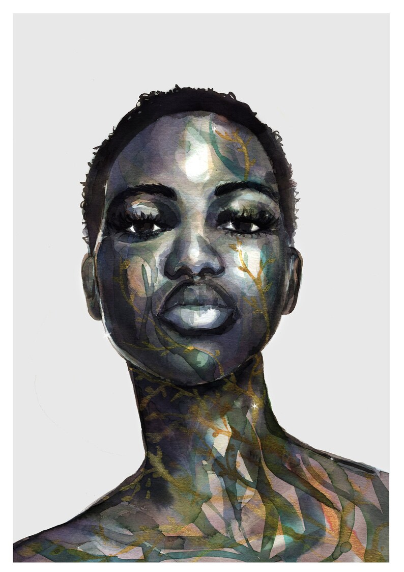 May include: A watercolor painting of a person's face with a dark skin tone. The face is covered in a pattern of green and gold leaves and branches. The person has short black hair and is looking directly at the viewer.