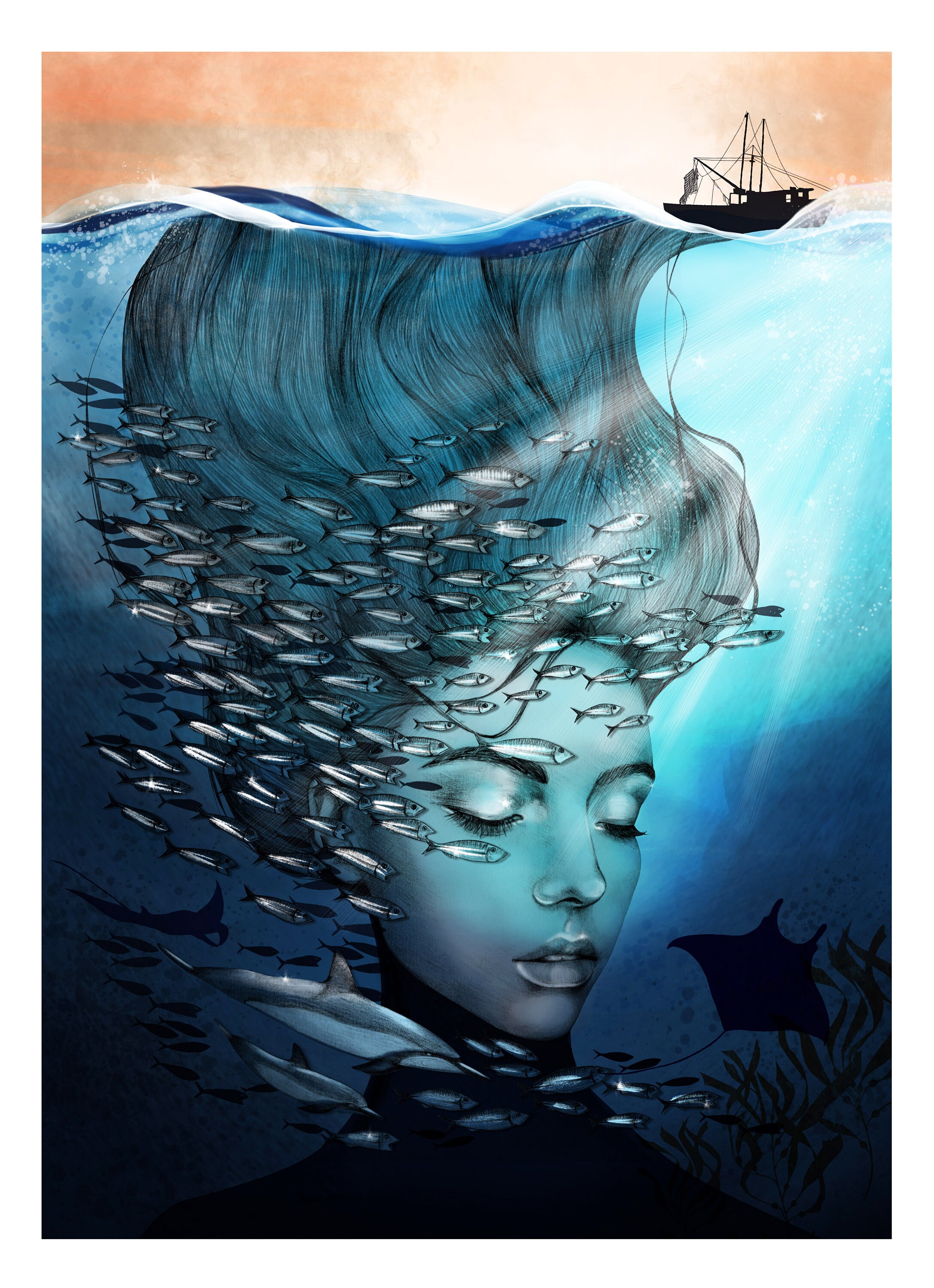 シュルレアリスムの海のジクレー版画 – 水中の女性、海をテーマにした