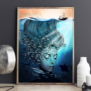 Impression océan - surréaliste, art mural sous-marin, impression giclée A4, A3, A2 - décoration de salle de bain, dauphin, banc de poissons, raie manta, thème mer
