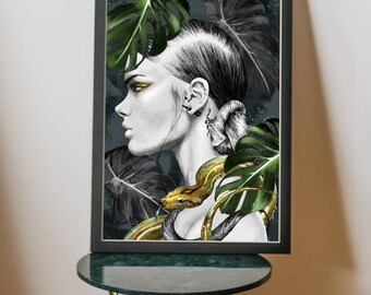 Snake Woman Art Print, Bohemian Home Decor (Digital Art)