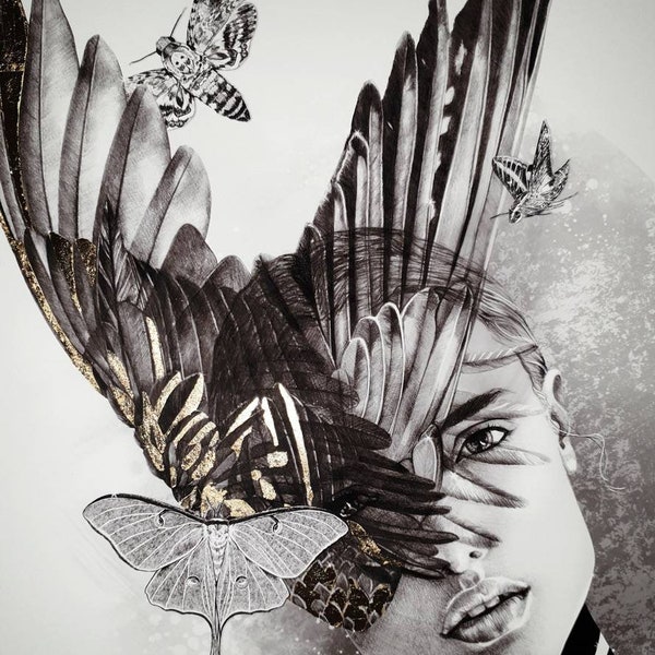 Limited Edition Gold Leaf Print 'Feather' A4, A3 or A2 - Bird Wings, Wall Art, Gold Leaf Illustration, Monochrome Decor